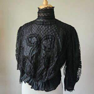 Antique Edwardian Belle Epoque Black Lace Fish Net Velvet Ribbon Blouse Top XS
